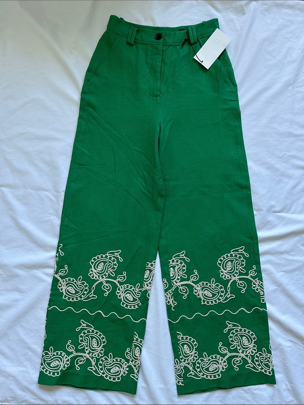 Zara Green Embroidered Wide-Leg Pants
